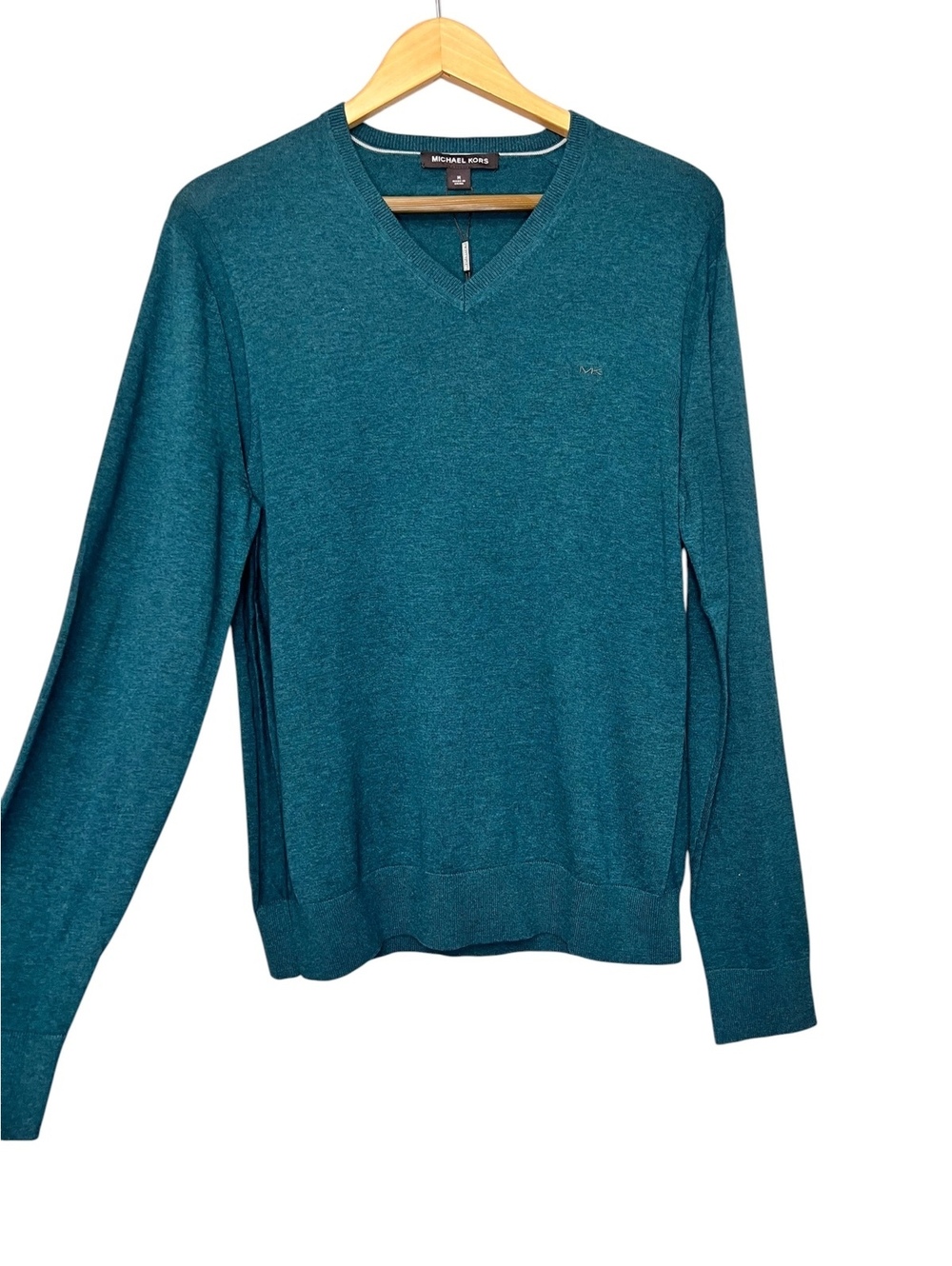 NWT Michael Kors Men Medium Atlantic Mel Teal V-Neck Lightweight Cotton Sweater